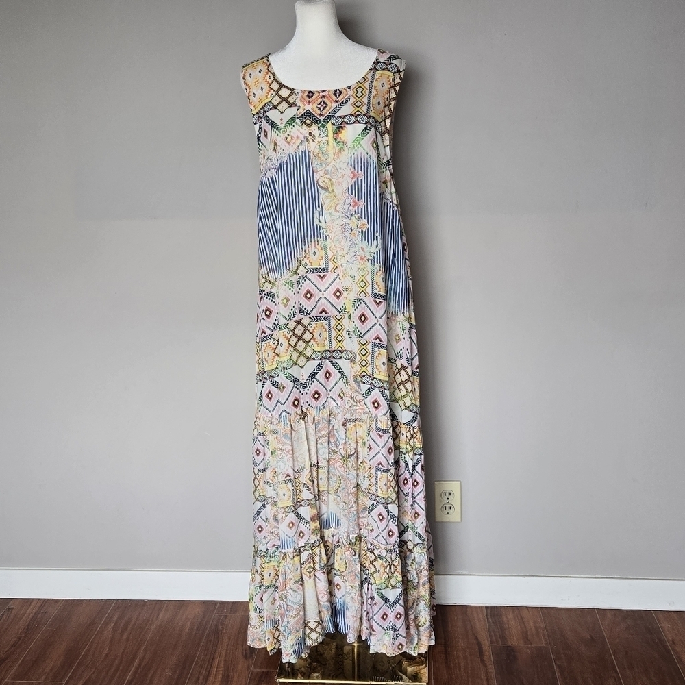 Tolani Boho Multicolor Patchwork Print Sleeveless Tiered Maxi Dress
